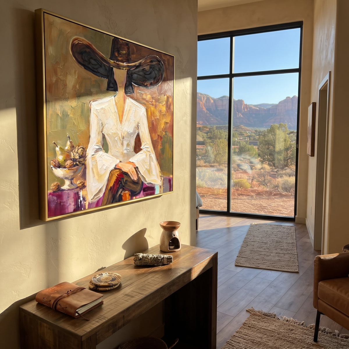 Storybook River Hat and Vase Portrait focuses on a faceless woman in a wide hat holding flowers or a decorative object. The composition keeps the principal subject clearly separated from the painted field, so the eye can follow the specific gesture, silhouette, garment, fur, petal, ridge, or river visible in this artwork. Its color relationships move between purple, green, and white, with lighter passages opening the focal area and deeper strokes giving the forms weight. Palette-knife edges
