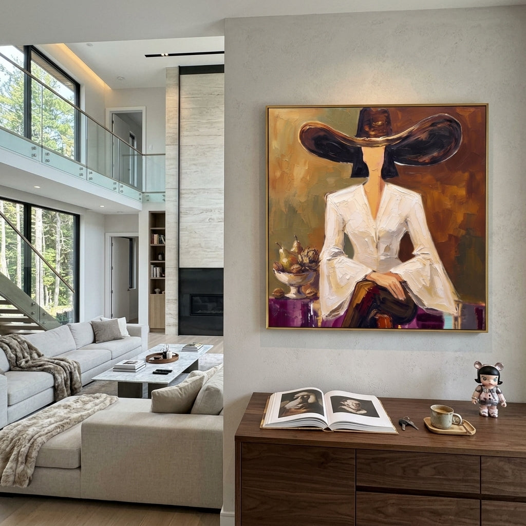 Storybook River Hat and Vase Portrait focuses on a faceless woman in a wide hat holding flowers or a decorative object. The composition keeps the principal subject clearly separated from the painted field, so the eye can follow the specific gesture, silhouette, garment, fur, petal, ridge, or river visible in this artwork. Its color relationships move between purple, green, and white, with lighter passages opening the focal area and deeper strokes giving the forms weight. Palette-knife edges