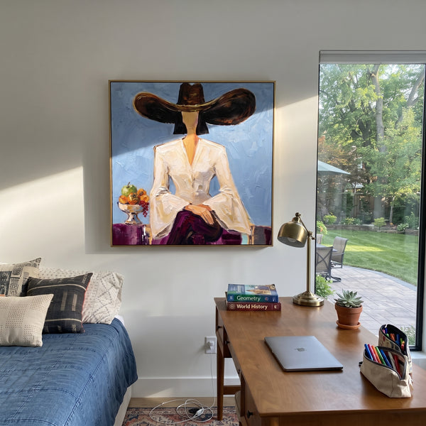 "Quiet Warm Hat and Vase Portrait" - Modern Heavy Impasto Landscape Artwork | Blue & Beige Palette Knife Painting | Luxury Square Wall Art #PT 3187