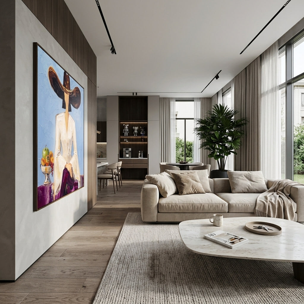 Quiet Warm Hat and Vase Portrait focuses on a faceless woman in a wide hat holding flowers or a decorative object. The composition keeps the principal subject clearly separated from the painted field, so the eye can follow the specific gesture, silhouette, garment, fur, petal, ridge, or river visible in this artwork. Its color relationships move between blue, beige, and brown, with lighter passages opening the focal area and deeper strokes giving the forms weight. Palette-knife edges, impasto