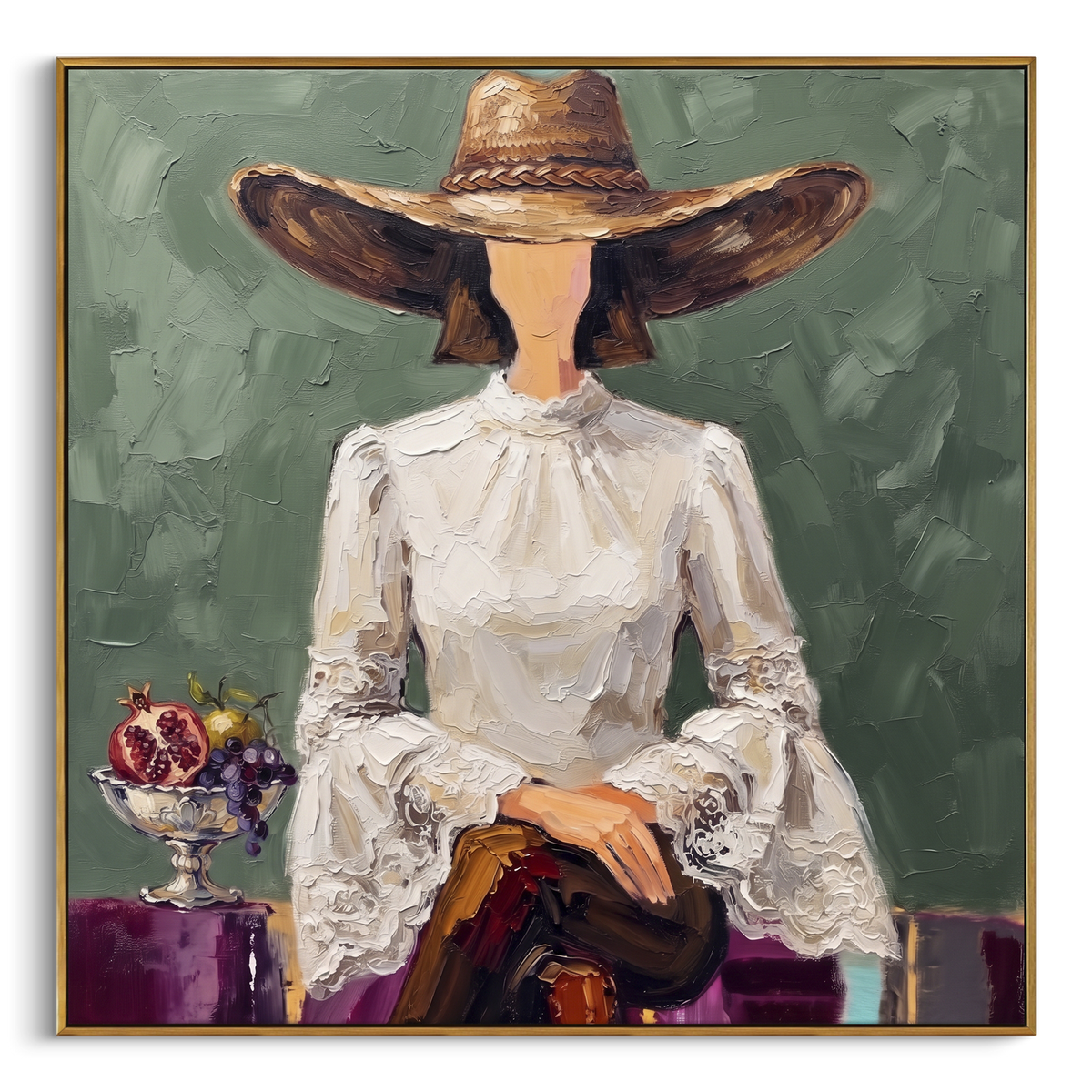 Luminous Warm Hat and Vase Portrait focuses on a faceless woman in a wide hat holding flowers or a decorative object. The composition keeps the principal subject clearly separated from the painted field, so the eye can follow the specific gesture, silhouette, garment, fur, petal, ridge, or river visible in this artwork. Its color relationships move between orange, pink, and green, with lighter passages opening the focal area and deeper strokes giving the forms weight. Palette-knife edges