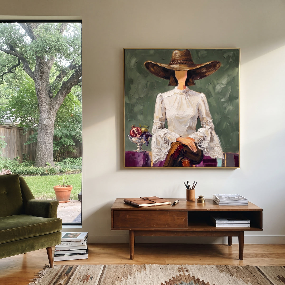 Luminous Warm Hat and Vase Portrait focuses on a faceless woman in a wide hat holding flowers or a decorative object. The composition keeps the principal subject clearly separated from the painted field, so the eye can follow the specific gesture, silhouette, garment, fur, petal, ridge, or river visible in this artwork. Its color relationships move between orange, pink, and green, with lighter passages opening the focal area and deeper strokes giving the forms weight. Palette-knife edges