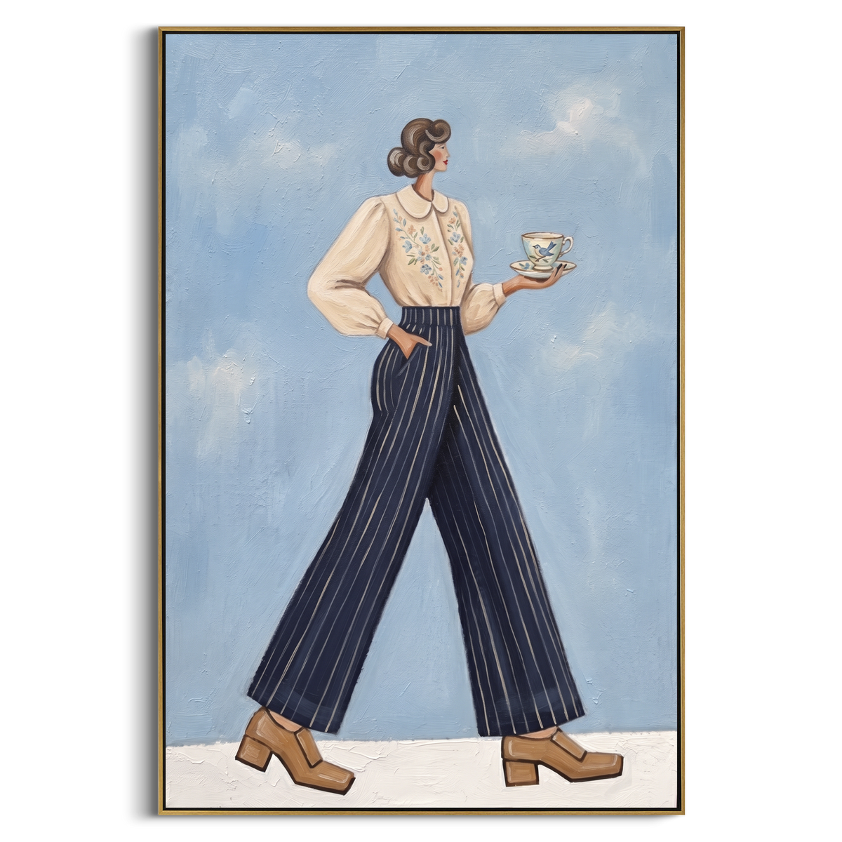 Tender Warm Wide-Legged Fashion Figure focuses on a stylized fashion figure in dramatic trousers, blouse, or patterned coat. The composition keeps the principal subject clearly separated from the painted field, so the eye can follow the specific gesture, silhouette, garment, fur, petal, ridge, or river visible in this artwork. Its color relationships move between green, yellow, and beige, with lighter passages opening the focal area and deeper strokes giving the forms weight. Palette-knife