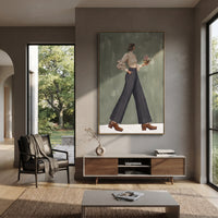 Cobalt Warm Wide-Legged Fashion Figure focuses on a stylized fashion figure in dramatic trousers, blouse, or patterned coat. The composition keeps the principal subject clearly separated from the painted field, so the eye can follow the specific gesture, silhouette, garment, fur, petal, ridge, or river visible in this artwork. Its color relationships move between blue, grey, and white, with lighter passages opening the focal area and deeper strokes giving the forms weight. Palette-knife edges