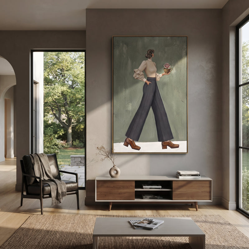 "Cobalt Warm Wide-Legged Fashion Figure" - Modern Heavy Impasto Landscape Artwork | Blue & Grey Palette Knife Painting | Luxury Vertical Wall Art #PT 3190