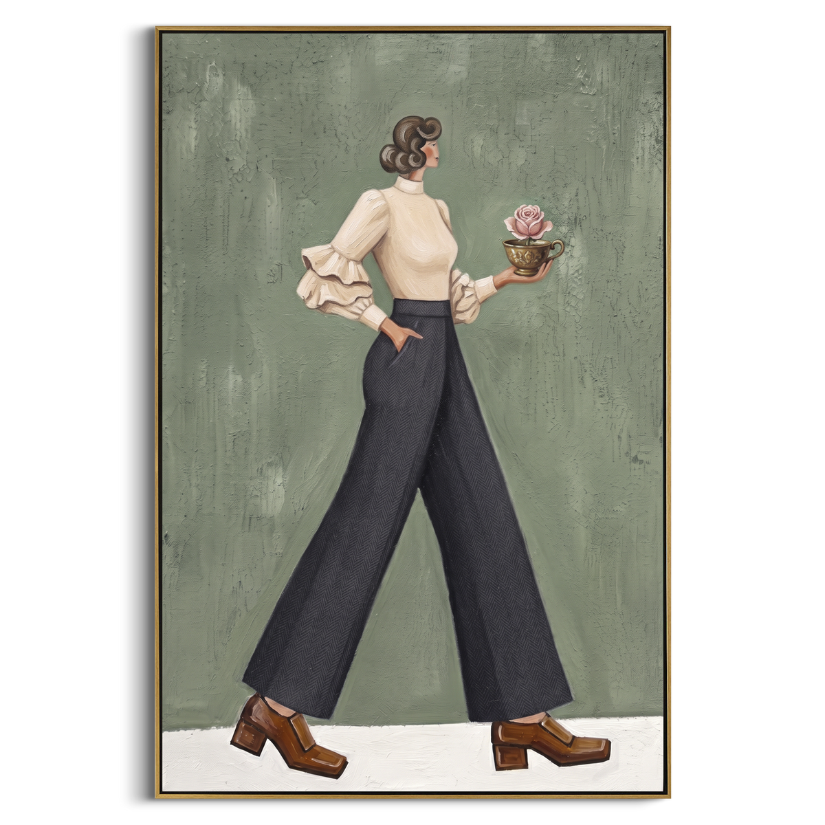 Cobalt Warm Wide-Legged Fashion Figure focuses on a stylized fashion figure in dramatic trousers, blouse, or patterned coat. The composition keeps the principal subject clearly separated from the painted field, so the eye can follow the specific gesture, silhouette, garment, fur, petal, ridge, or river visible in this artwork. Its color relationships move between blue, grey, and white, with lighter passages opening the focal area and deeper strokes giving the forms weight. Palette-knife edges