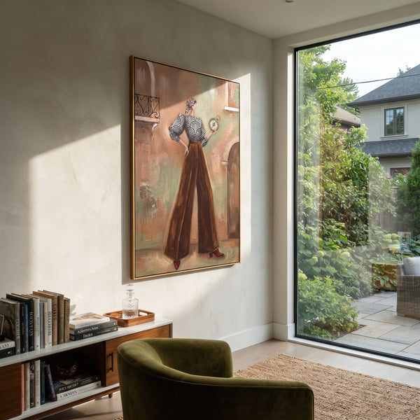 "Mossy Warm Wide-Legged Fashion Figure" - Modern Heavy Impasto Landscape Artwork | Green & Brown Palette Knife Painting | Luxury Vertical Wall Art #PT 3191