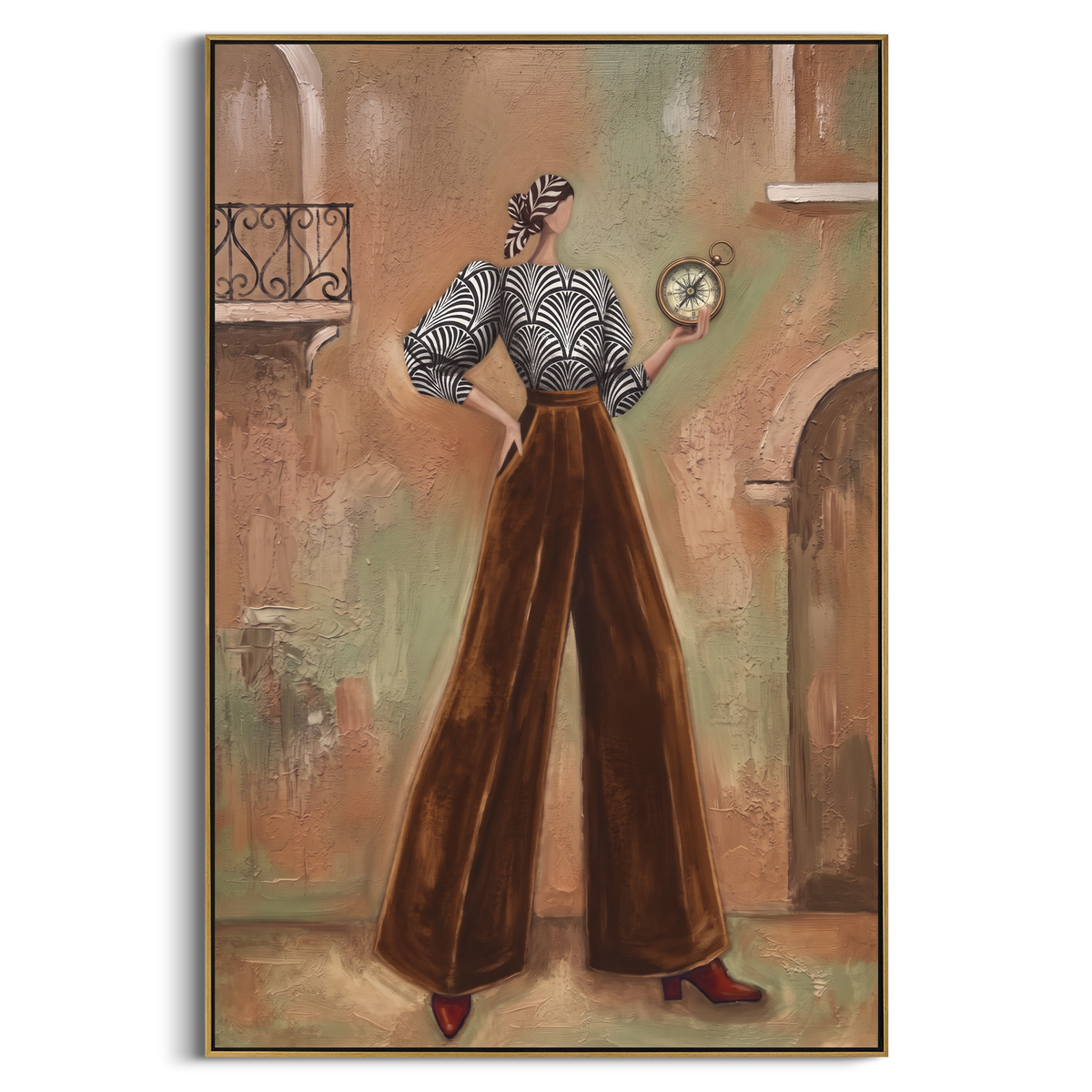 Mossy Warm Wide-Legged Fashion Figure focuses on a stylized fashion figure in dramatic trousers, blouse, or patterned coat. The composition keeps the principal subject clearly separated from the painted field, so the eye can follow the specific gesture, silhouette, garment, fur, petal, ridge, or river visible in this artwork. Its color relationships move between green, brown, and yellow, with lighter passages opening the focal area and deeper strokes giving the forms weight. Palette-knife edges