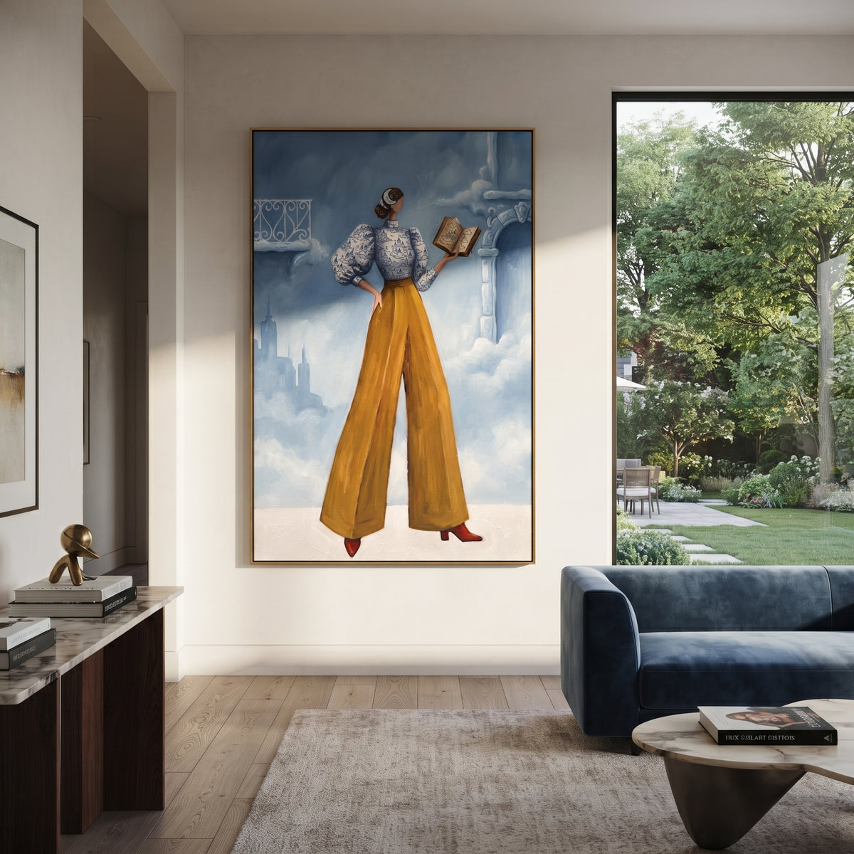 Golden Warm Wide-Legged Fashion Figure focuses on a stylized fashion figure in dramatic trousers, blouse, or patterned coat. The composition keeps the principal subject clearly separated from the painted field, so the eye can follow the specific gesture, silhouette, garment, fur, petal, ridge, or river visible in this artwork. Its color relationships move between orange, black, and beige, with lighter passages opening the focal area and deeper strokes giving the forms weight. Palette-knife