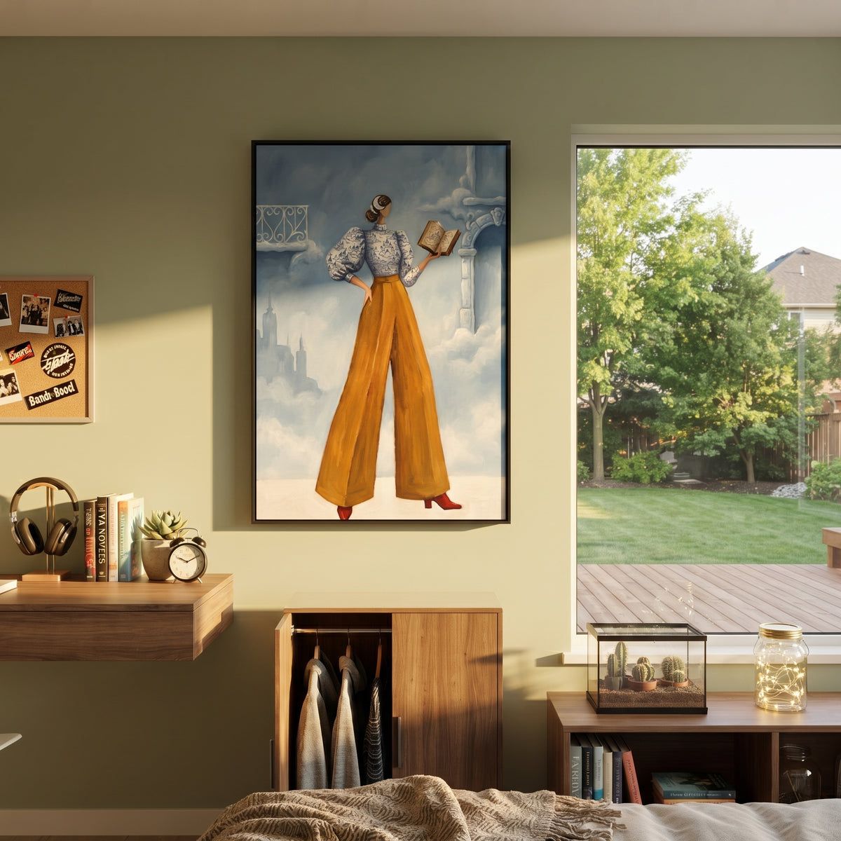 Golden Warm Wide-Legged Fashion Figure focuses on a stylized fashion figure in dramatic trousers, blouse, or patterned coat. The composition keeps the principal subject clearly separated from the painted field, so the eye can follow the specific gesture, silhouette, garment, fur, petal, ridge, or river visible in this artwork. Its color relationships move between orange, black, and beige, with lighter passages opening the focal area and deeper strokes giving the forms weight. Palette-knife