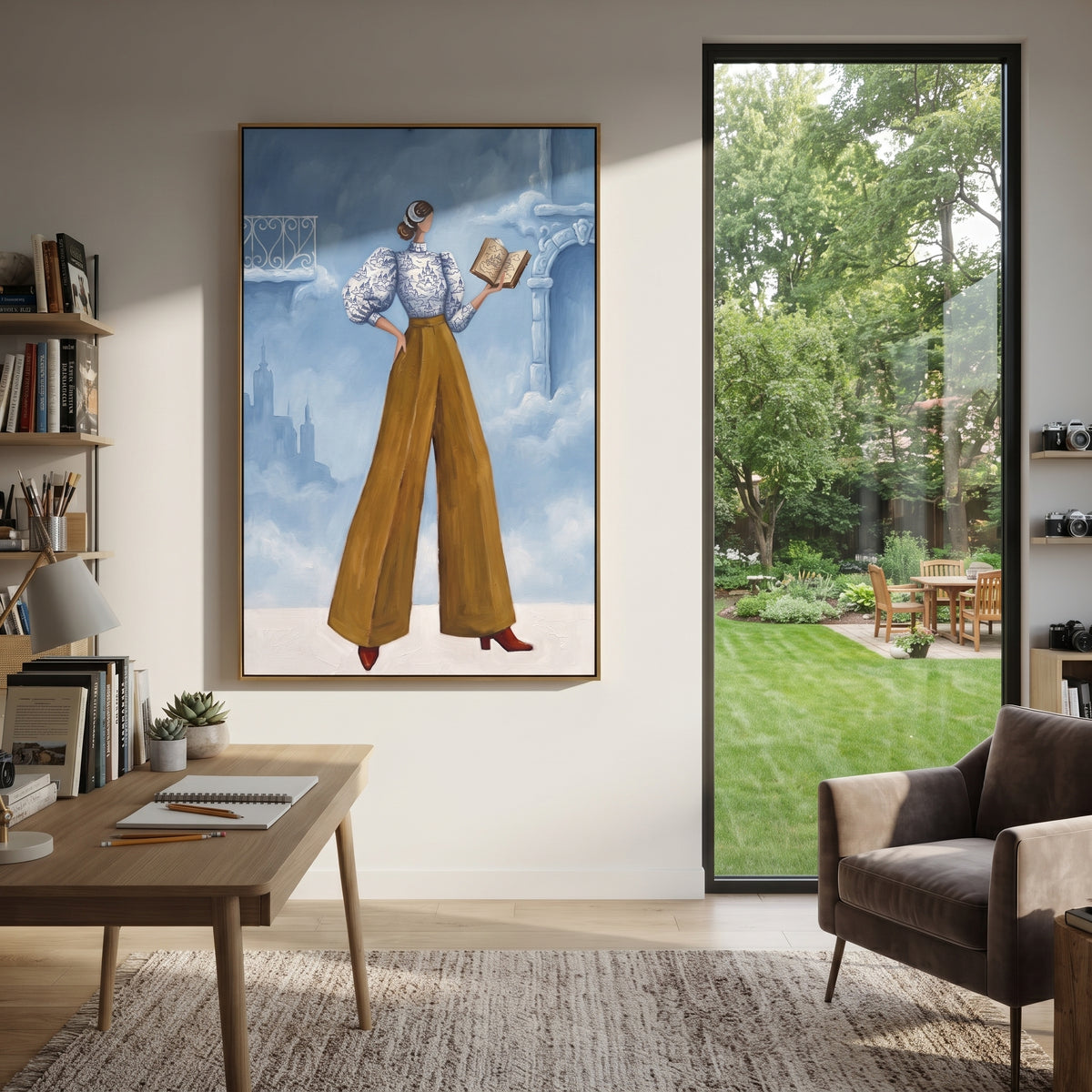 Golden Warm Wide-Legged Fashion Figure focuses on a stylized fashion figure in dramatic trousers, blouse, or patterned coat. The composition keeps the principal subject clearly separated from the painted field, so the eye can follow the specific gesture, silhouette, garment, fur, petal, ridge, or river visible in this artwork. Its color relationships move between orange, black, and beige, with lighter passages opening the focal area and deeper strokes giving the forms weight. Palette-knife