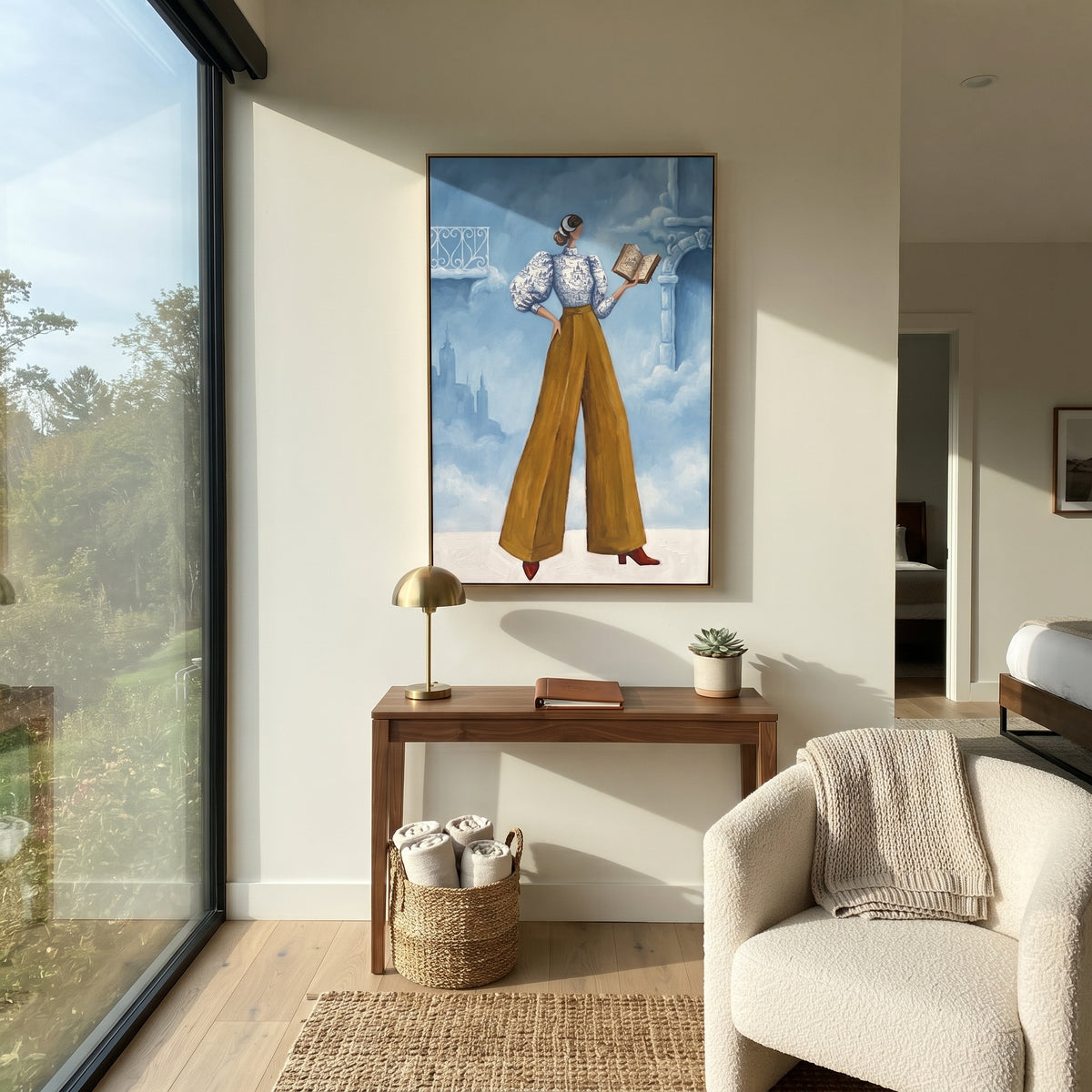 Golden Warm Wide-Legged Fashion Figure focuses on a stylized fashion figure in dramatic trousers, blouse, or patterned coat. The composition keeps the principal subject clearly separated from the painted field, so the eye can follow the specific gesture, silhouette, garment, fur, petal, ridge, or river visible in this artwork. Its color relationships move between orange, black, and beige, with lighter passages opening the focal area and deeper strokes giving the forms weight. Palette-knife