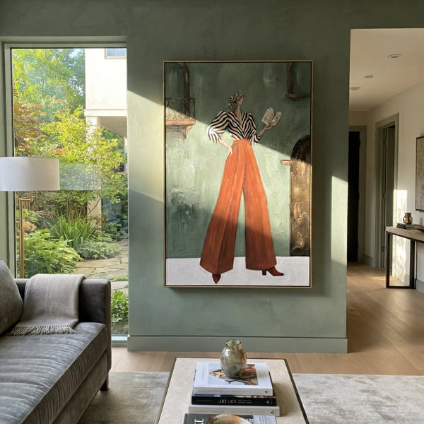 "Soft Warm Wide-Legged Fashion Figure" - Modern Heavy Impasto Landscape Artwork | Blue & Red Palette Knife Painting | Luxury Vertical Wall Art #PT 3193
