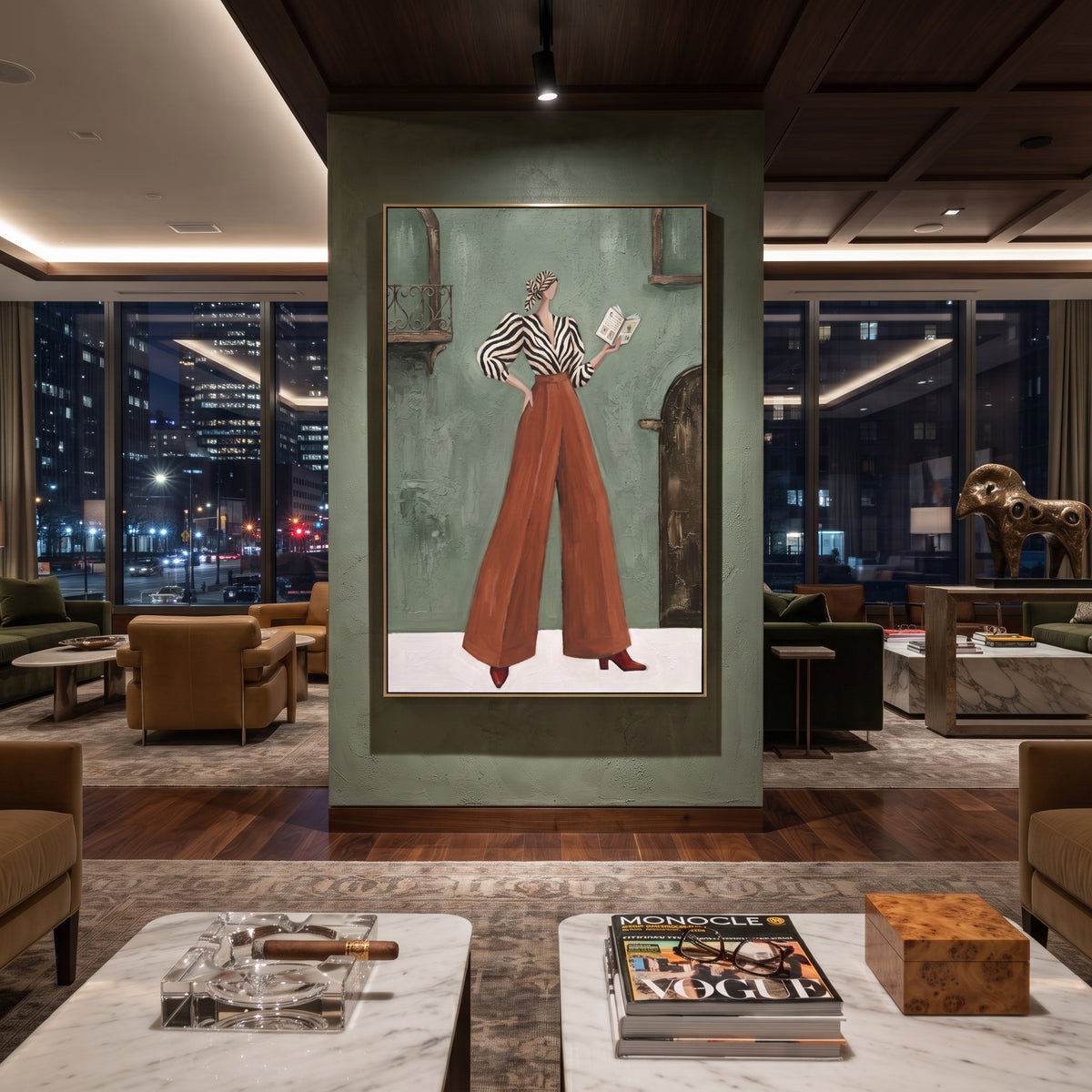 Soft Warm Wide-Legged Fashion Figure focuses on a stylized fashion figure in dramatic trousers, blouse, or patterned coat. The composition keeps the principal subject clearly separated from the painted field, so the eye can follow the specific gesture, silhouette, garment, fur, petal, ridge, or river visible in this artwork. Its color relationships move between blue, red, and white, with lighter passages opening the focal area and deeper strokes giving the forms weight. Palette-knife edges
