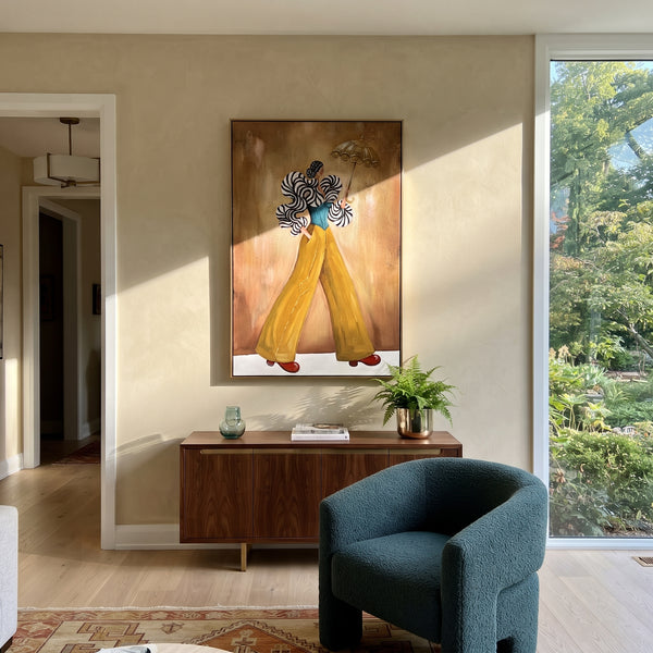 "Restful Warm Wide-Legged Fashion Figure" - Modern Heavy Impasto Landscape Artwork | Green & Grey Palette Knife Painting | Luxury Vertical Wall Art #PT 3194