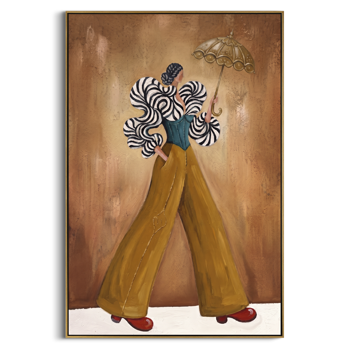 Restful Warm Wide-Legged Fashion Figure focuses on a stylized fashion figure in dramatic trousers, blouse, or patterned coat. The composition keeps the principal subject clearly separated from the painted field, so the eye can follow the specific gesture, silhouette, garment, fur, petal, ridge, or river visible in this artwork. Its color relationships move between green, grey, and pink, with lighter passages opening the focal area and deeper strokes giving the forms weight. Palette-knife edges