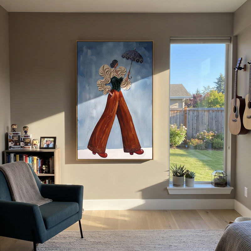 "Playful Warm Wide-Legged Fashion Figure" - Modern Heavy Impasto Landscape Artwork | Beige & Black Palette Knife Painting | Luxury Vertical Wall Art #PT 3195