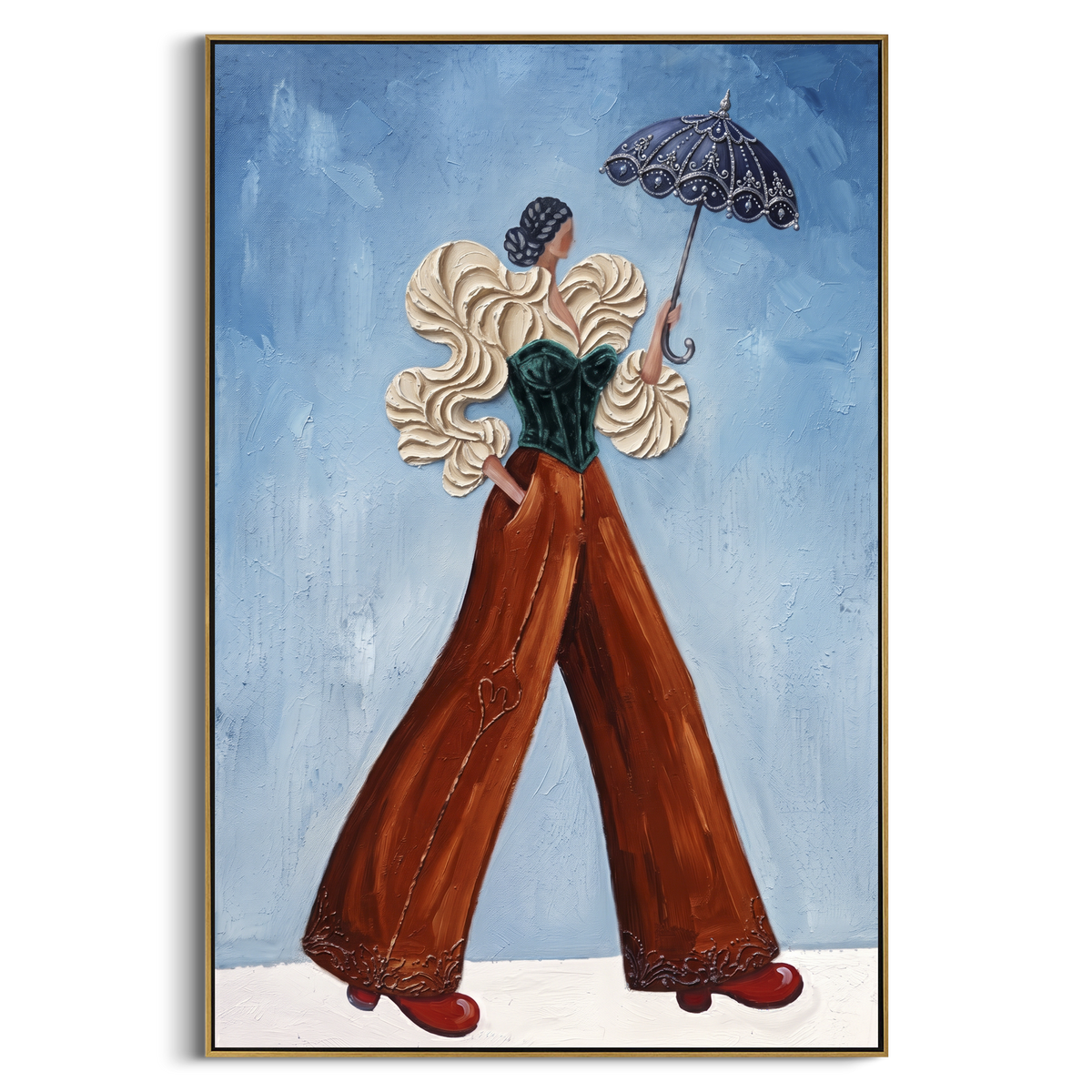 "Playful Warm Wide-Legged Fashion Figure" - Modern Heavy Impasto Landscape Artwork | Beige & Black Palette Knife Painting | Luxury Vertical Wall Art #PT 3195