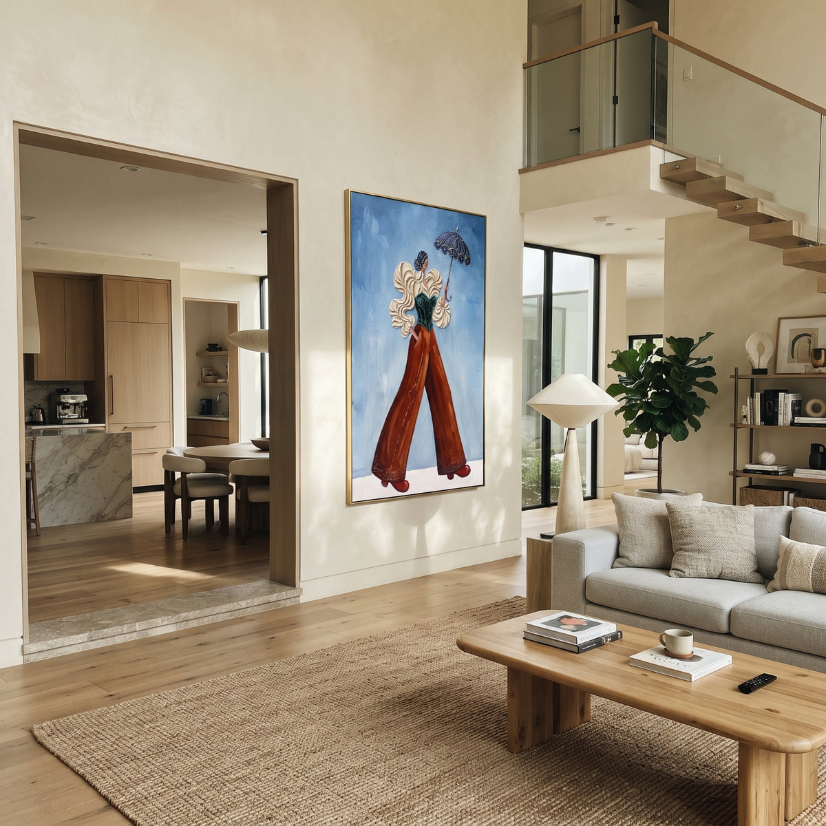 Playful Warm Wide-Legged Fashion Figure focuses on a stylized fashion figure in dramatic trousers, blouse, or patterned coat. The composition keeps the principal subject clearly separated from the painted field, so the eye can follow the specific gesture, silhouette, garment, fur, petal, ridge, or river visible in this artwork. Its color relationships move between beige, black, and blue, with lighter passages opening the focal area and deeper strokes giving the forms weight. Palette-knife edges