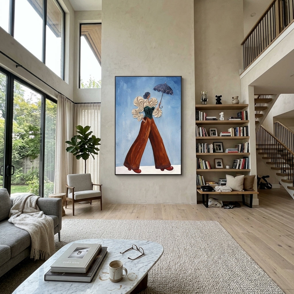 Playful Warm Wide-Legged Fashion Figure focuses on a stylized fashion figure in dramatic trousers, blouse, or patterned coat. The composition keeps the principal subject clearly separated from the painted field, so the eye can follow the specific gesture, silhouette, garment, fur, petal, ridge, or river visible in this artwork. Its color relationships move between beige, black, and blue, with lighter passages opening the focal area and deeper strokes giving the forms weight. Palette-knife edges