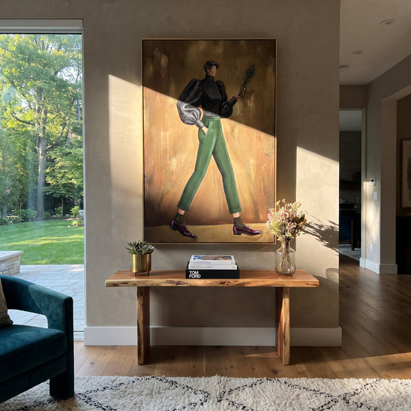 "Distant Warm Wide-Legged Fashion Figure" - Modern Heavy Impasto Landscape Artwork | Purple & Green Palette Knife Painting | Luxury Vertical Wall Art #PT 3196