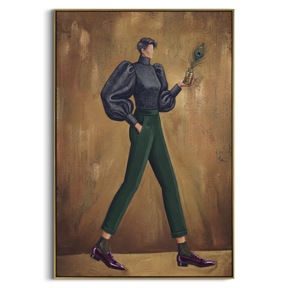 "Distant Warm Wide-Legged Fashion Figure" - Modern Heavy Impasto Landscape Artwork | Purple & Green Palette Knife Painting | Luxury Vertical Wall Art #PT 3196