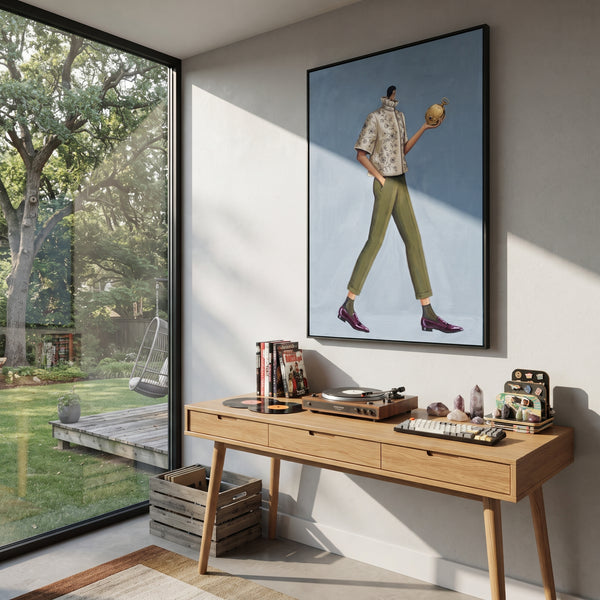 "Gathered Warm Wide-Legged Fashion Figure" - Modern Heavy Impasto Landscape Artwork | Blue & Beige Palette Knife Painting | Luxury Vertical Wall Art #PT 3197