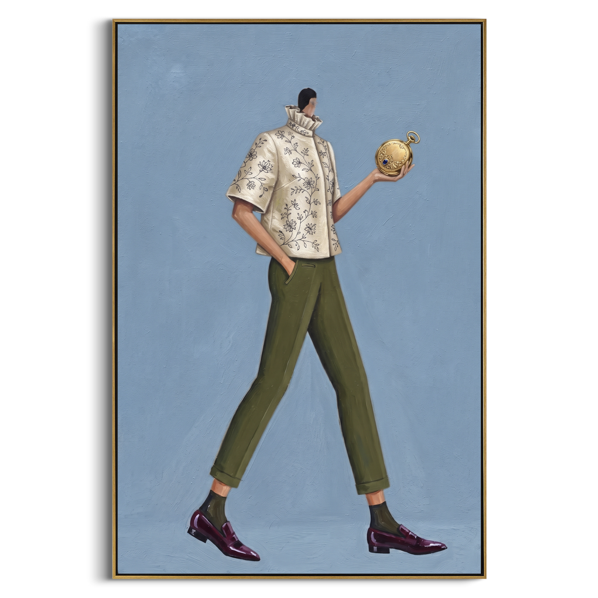 Gathered Warm Wide-Legged Fashion Figure focuses on a stylized fashion figure in dramatic trousers, blouse, or patterned coat. The composition keeps the principal subject clearly separated from the painted field, so the eye can follow the specific gesture, silhouette, garment, fur, petal, ridge, or river visible in this artwork. Its color relationships move between blue, beige, and brown, with lighter passages opening the focal area and deeper strokes giving the forms weight. Palette-knife