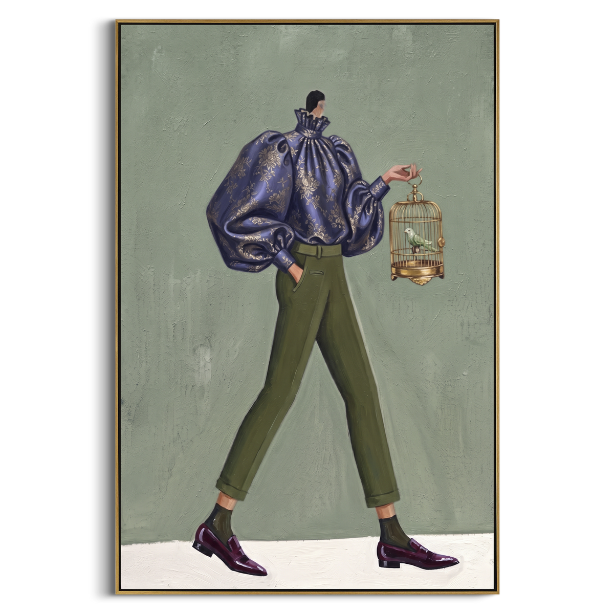 River Warm Wide-Legged Fashion Figure focuses on a stylized fashion figure in dramatic trousers, blouse, or patterned coat. The composition keeps the principal subject clearly separated from the painted field, so the eye can follow the specific gesture, silhouette, garment, fur, petal, ridge, or river visible in this artwork. Its color relationships move between orange, pink, and green, with lighter passages opening the focal area and deeper strokes giving the forms weight. Palette-knife edges