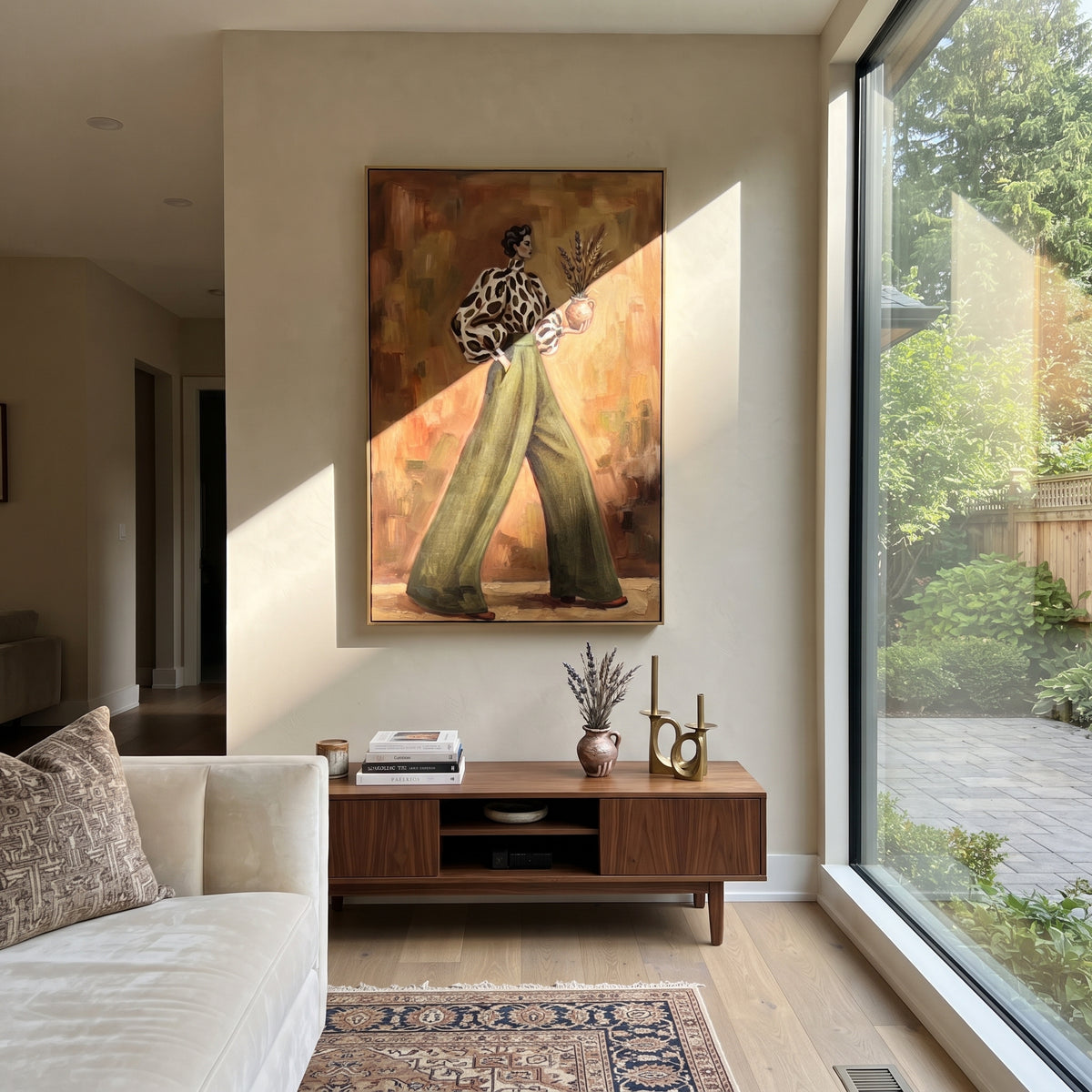 Warm Warm Wide-Legged Fashion Figure focuses on a stylized fashion figure in dramatic trousers, blouse, or patterned coat. The composition keeps the principal subject clearly separated from the painted field, so the eye can follow the specific gesture, silhouette, garment, fur, petal, ridge, or river visible in this artwork. Its color relationships move between green, yellow, and beige, with lighter passages opening the focal area and deeper strokes giving the forms weight. Palette-knife edges