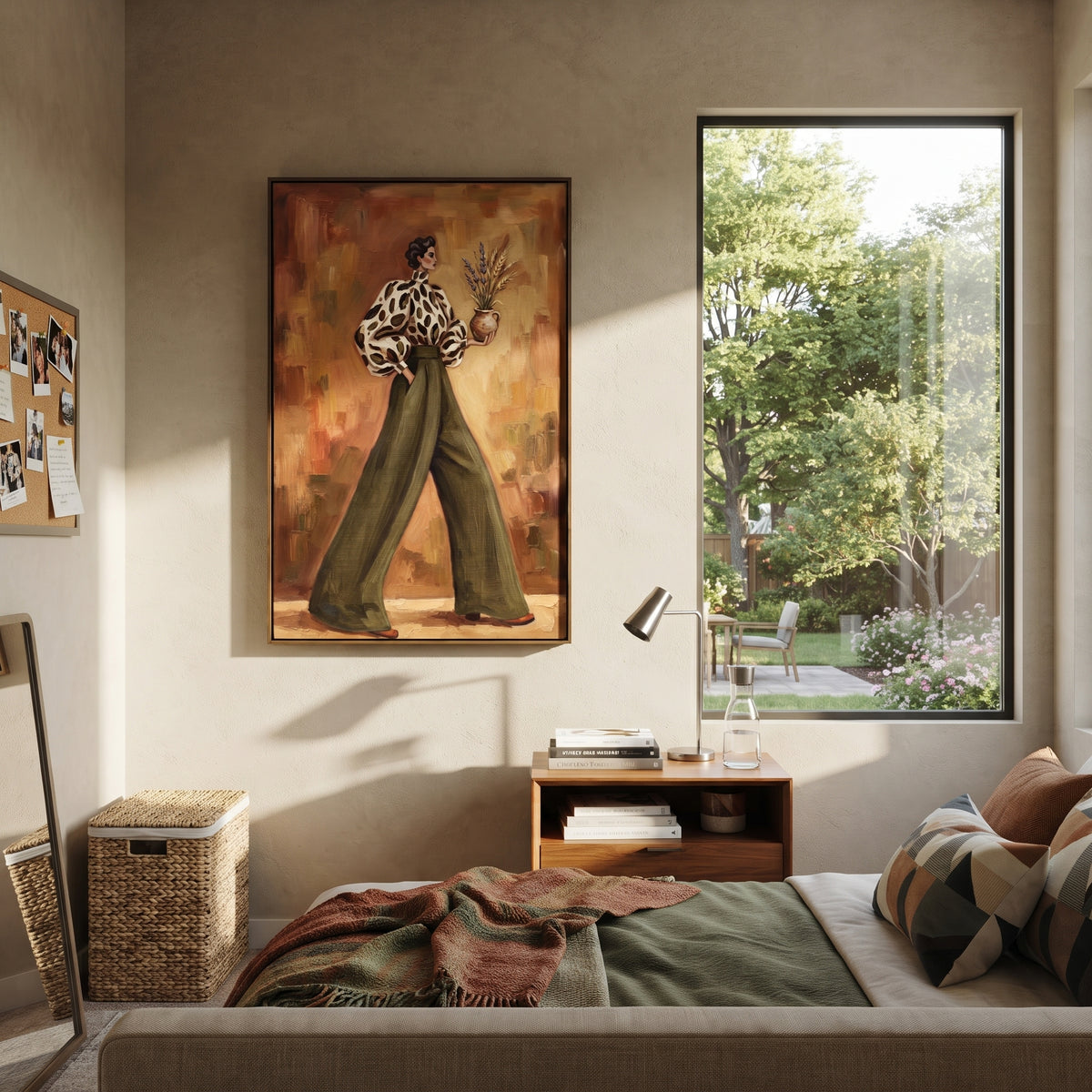 Warm Warm Wide-Legged Fashion Figure focuses on a stylized fashion figure in dramatic trousers, blouse, or patterned coat. The composition keeps the principal subject clearly separated from the painted field, so the eye can follow the specific gesture, silhouette, garment, fur, petal, ridge, or river visible in this artwork. Its color relationships move between green, yellow, and beige, with lighter passages opening the focal area and deeper strokes giving the forms weight. Palette-knife edges