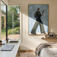 Still Warm Wide-Legged Fashion Figure focuses on a stylized fashion figure in dramatic trousers, blouse, or patterned coat. The composition keeps the principal subject clearly separated from the painted field, so the eye can follow the specific gesture, silhouette, garment, fur, petal, ridge, or river visible in this artwork. Its color relationships move between blue, grey, and white, with lighter passages opening the focal area and deeper strokes giving the forms weight. Palette-knife edges