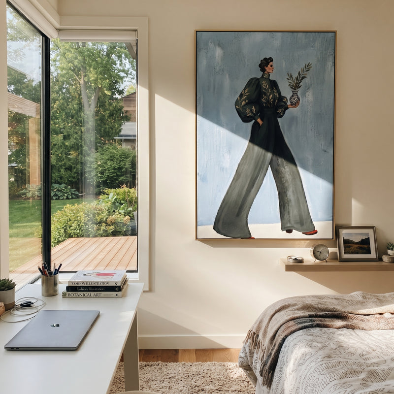 "Still Warm Wide-Legged Fashion Figure" - Modern Heavy Impasto Landscape Artwork | Blue & Grey Palette Knife Painting | Luxury Vertical Wall Art #PT 3200