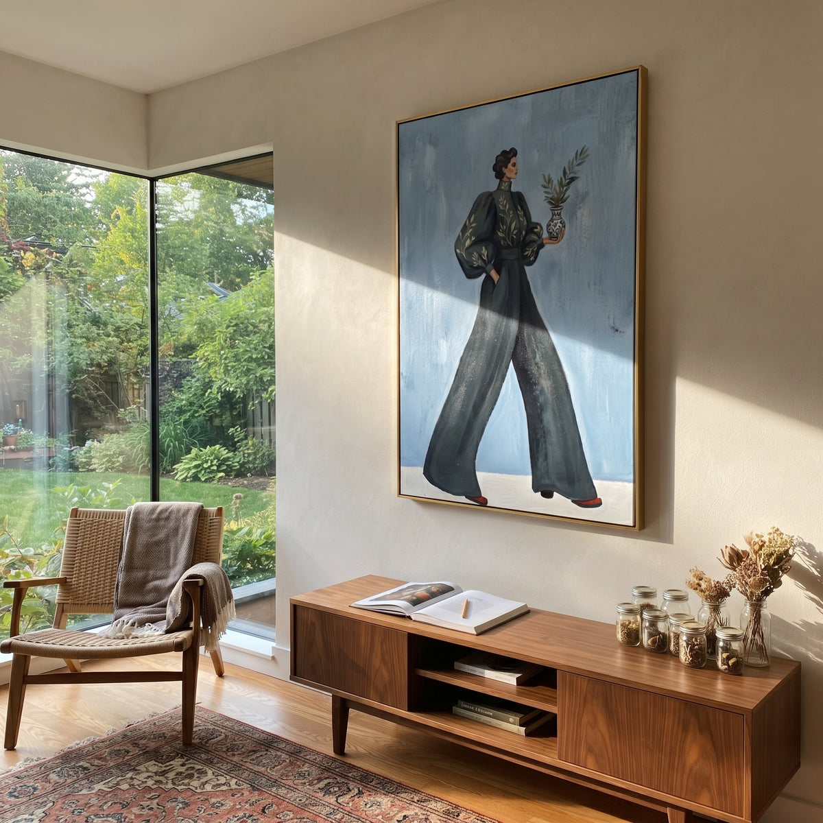 Still Warm Wide-Legged Fashion Figure focuses on a stylized fashion figure in dramatic trousers, blouse, or patterned coat. The composition keeps the principal subject clearly separated from the painted field, so the eye can follow the specific gesture, silhouette, garment, fur, petal, ridge, or river visible in this artwork. Its color relationships move between blue, grey, and white, with lighter passages opening the focal area and deeper strokes giving the forms weight. Palette-knife edges