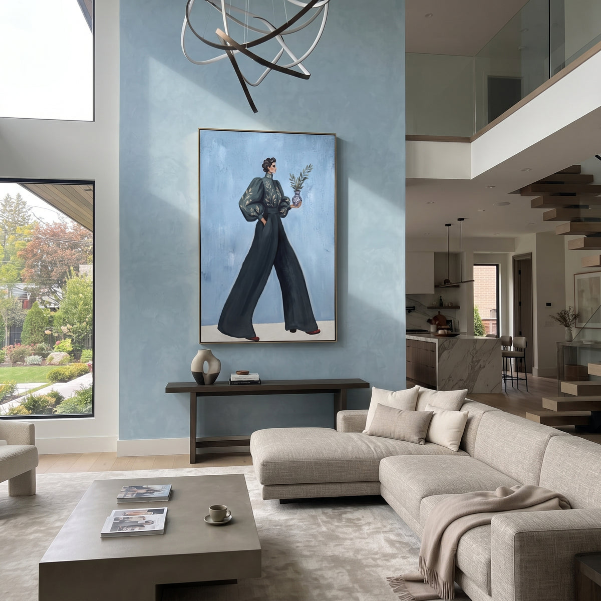 Still Warm Wide-Legged Fashion Figure focuses on a stylized fashion figure in dramatic trousers, blouse, or patterned coat. The composition keeps the principal subject clearly separated from the painted field, so the eye can follow the specific gesture, silhouette, garment, fur, petal, ridge, or river visible in this artwork. Its color relationships move between blue, grey, and white, with lighter passages opening the focal area and deeper strokes giving the forms weight. Palette-knife edges