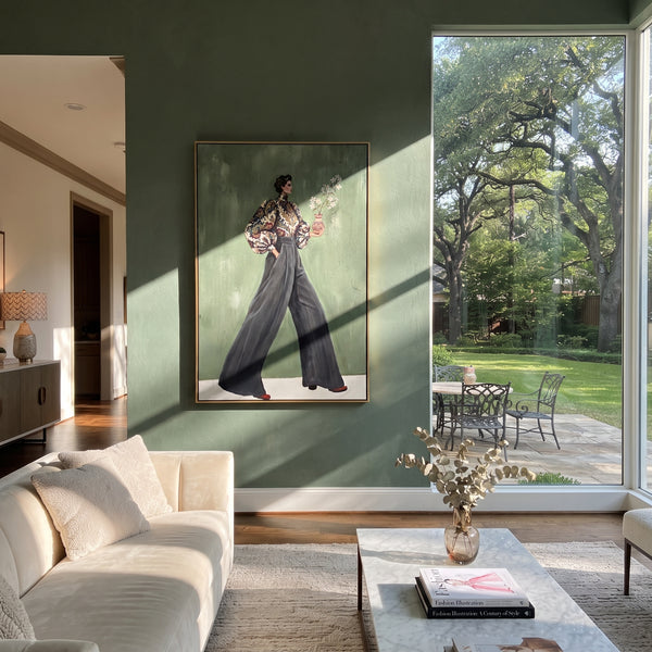 "Gentle Warm Wide-Legged Fashion Figure" - Modern Heavy Impasto Landscape Artwork | Green & Brown Palette Knife Painting | Luxury Vertical Wall Art #PT 3201