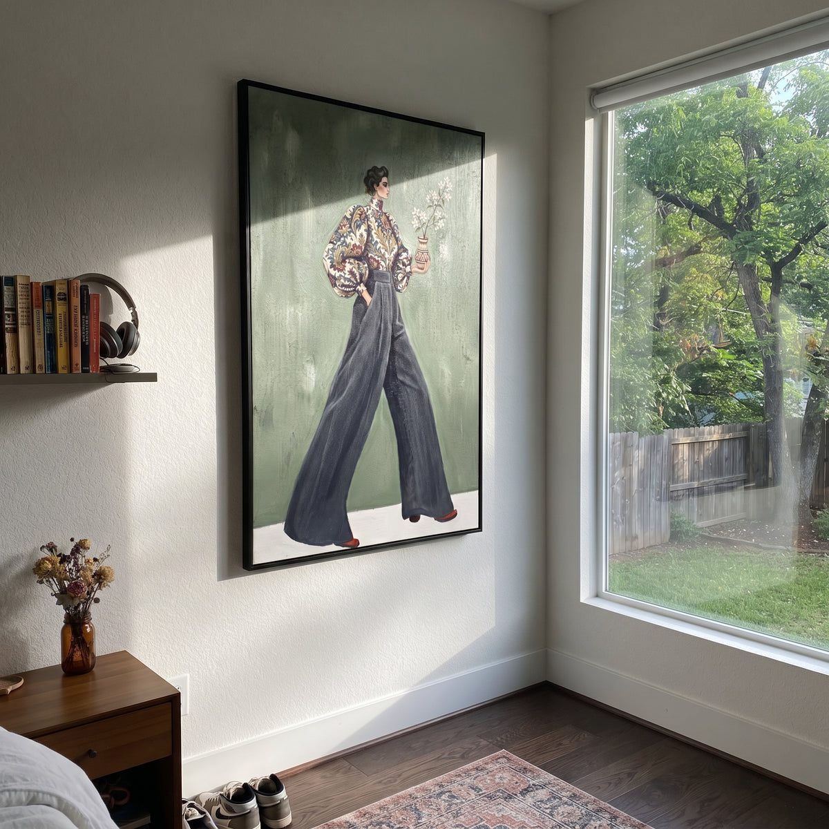 Gentle Warm Wide-Legged Fashion Figure focuses on a stylized fashion figure in dramatic trousers, blouse, or patterned coat. The composition keeps the principal subject clearly separated from the painted field, so the eye can follow the specific gesture, silhouette, garment, fur, petal, ridge, or river visible in this artwork. Its color relationships move between green, brown, and yellow, with lighter passages opening the focal area and deeper strokes giving the forms weight. Palette-knife