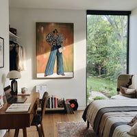 Open Warm Wide-Legged Fashion Figure focuses on a stylized fashion figure in dramatic trousers, blouse, or patterned coat. The composition keeps the principal subject clearly separated from the painted field, so the eye can follow the specific gesture, silhouette, garment, fur, petal, ridge, or river visible in this artwork. Its color relationships move between orange, black, and beige, with lighter passages opening the focal area and deeper strokes giving the forms weight. Palette-knife edges