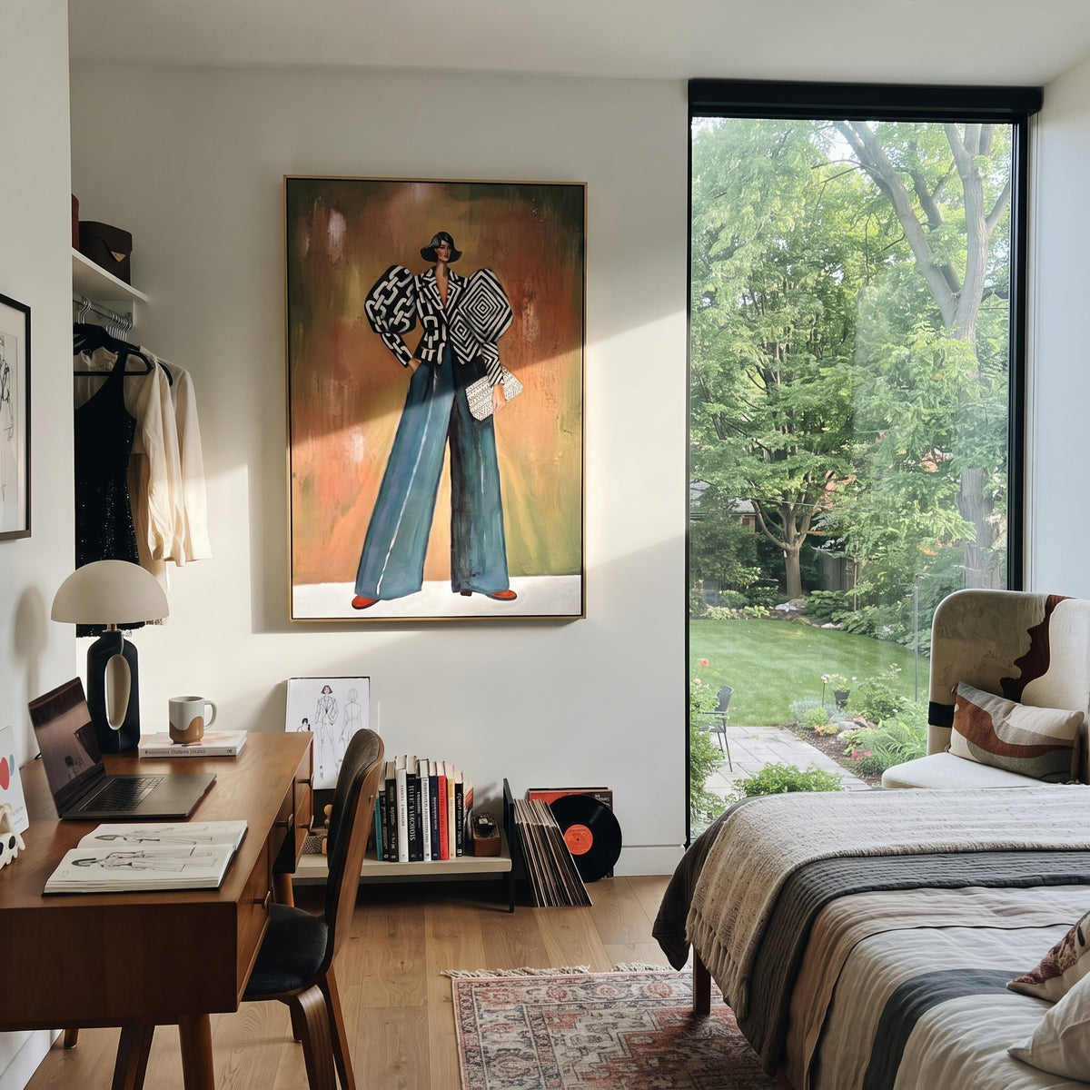 Open Warm Wide-Legged Fashion Figure focuses on a stylized fashion figure in dramatic trousers, blouse, or patterned coat. The composition keeps the principal subject clearly separated from the painted field, so the eye can follow the specific gesture, silhouette, garment, fur, petal, ridge, or river visible in this artwork. Its color relationships move between orange, black, and beige, with lighter passages opening the focal area and deeper strokes giving the forms weight. Palette-knife edges