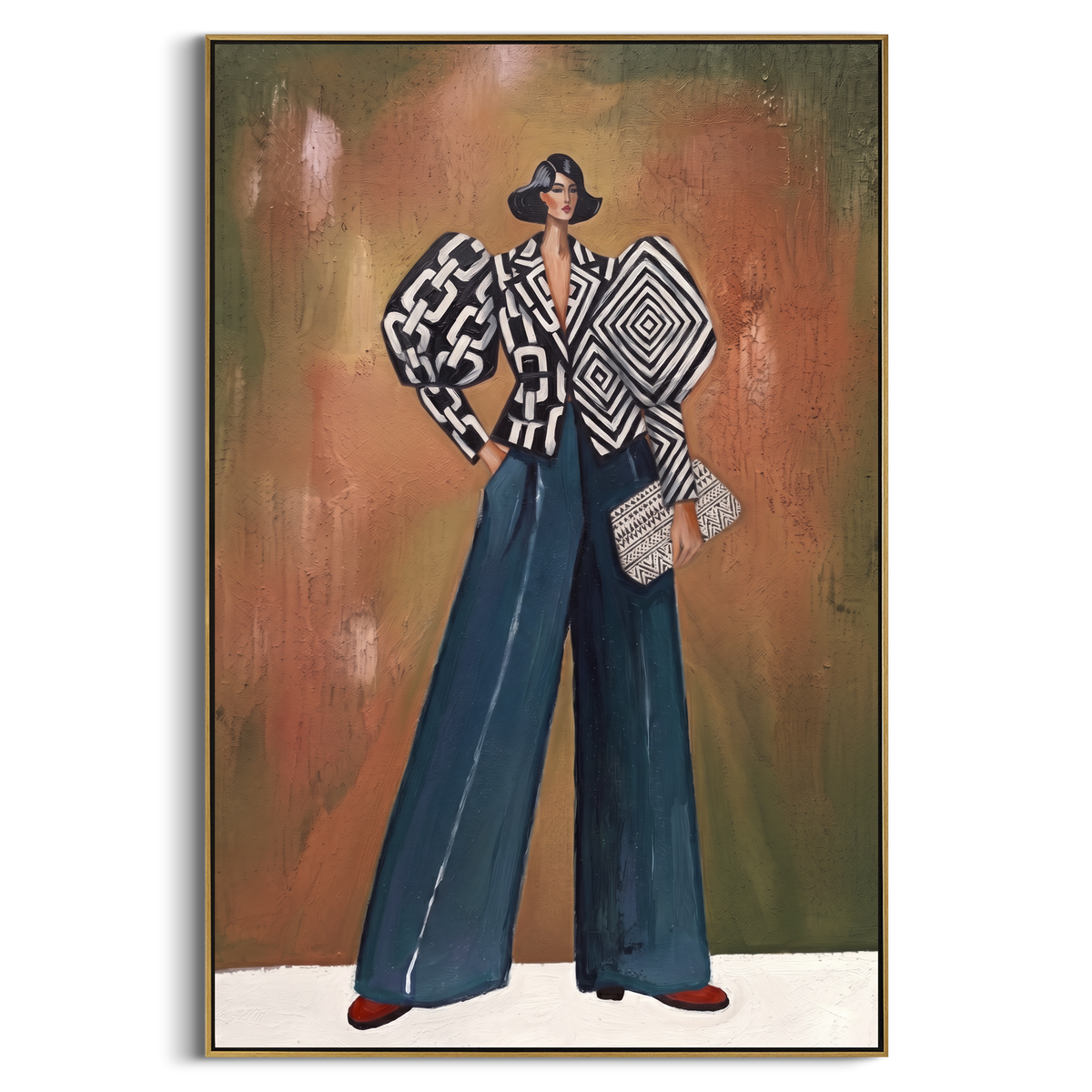 "Open Warm Wide-Legged Fashion Figure" - Modern Heavy Impasto Landscape Artwork | Orange & Black Palette Knife Painting | Luxury Vertical Wall Art #PT 3202
