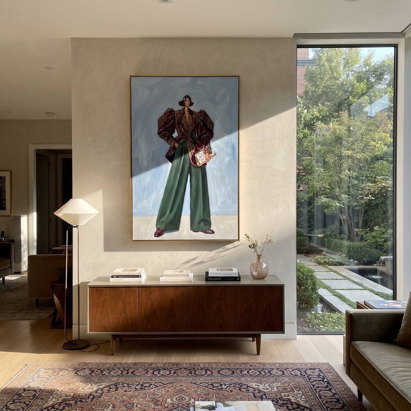 "Wandering Warm Wide-Legged Fashion Figure" - Modern Heavy Impasto Landscape Artwork | Blue & Red Palette Knife Painting | Luxury Vertical Wall Art #PT 3203