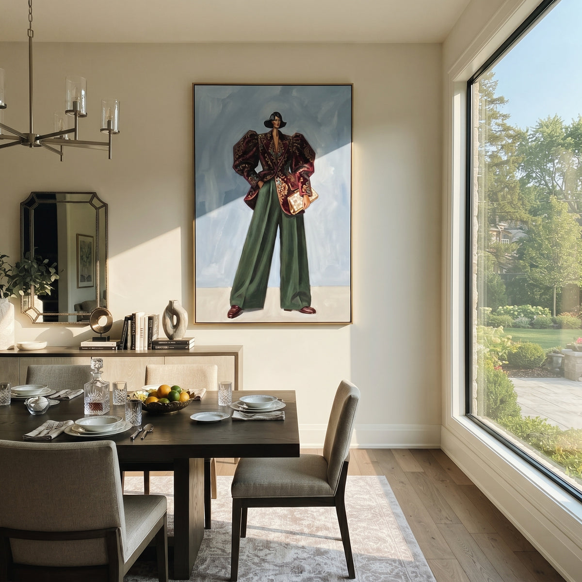 Wandering Warm Wide-Legged Fashion Figure focuses on a stylized fashion figure in dramatic trousers, blouse, or patterned coat. The composition keeps the principal subject clearly separated from the painted field, so the eye can follow the specific gesture, silhouette, garment, fur, petal, ridge, or river visible in this artwork. Its color relationships move between blue, red, and white, with lighter passages opening the focal area and deeper strokes giving the forms weight. Palette-knife edges