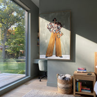 Reflective Warm Wide-Legged Fashion Figure focuses on a stylized fashion figure in dramatic trousers, blouse, or patterned coat. The composition keeps the principal subject clearly separated from the painted field, so the eye can follow the specific gesture, silhouette, garment, fur, petal, ridge, or river visible in this artwork. Its color relationships move between green, grey, and pink, with lighter passages opening the focal area and deeper strokes giving the forms weight. Palette-knife