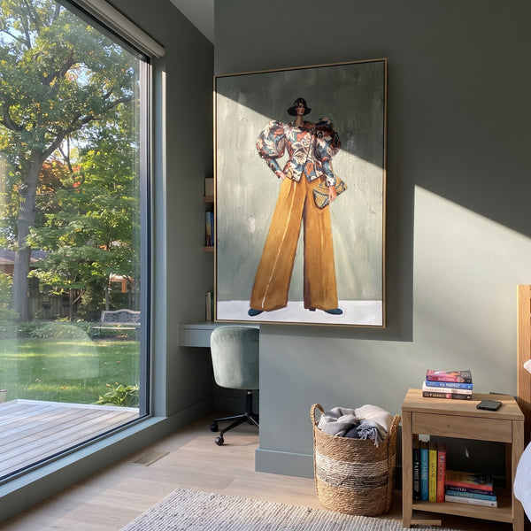 "Reflective Warm Wide-Legged Fashion Figure" - Modern Heavy Impasto Landscape Artwork | Green & Grey Palette Knife Painting | Luxury Vertical Wall Art #PT 3204