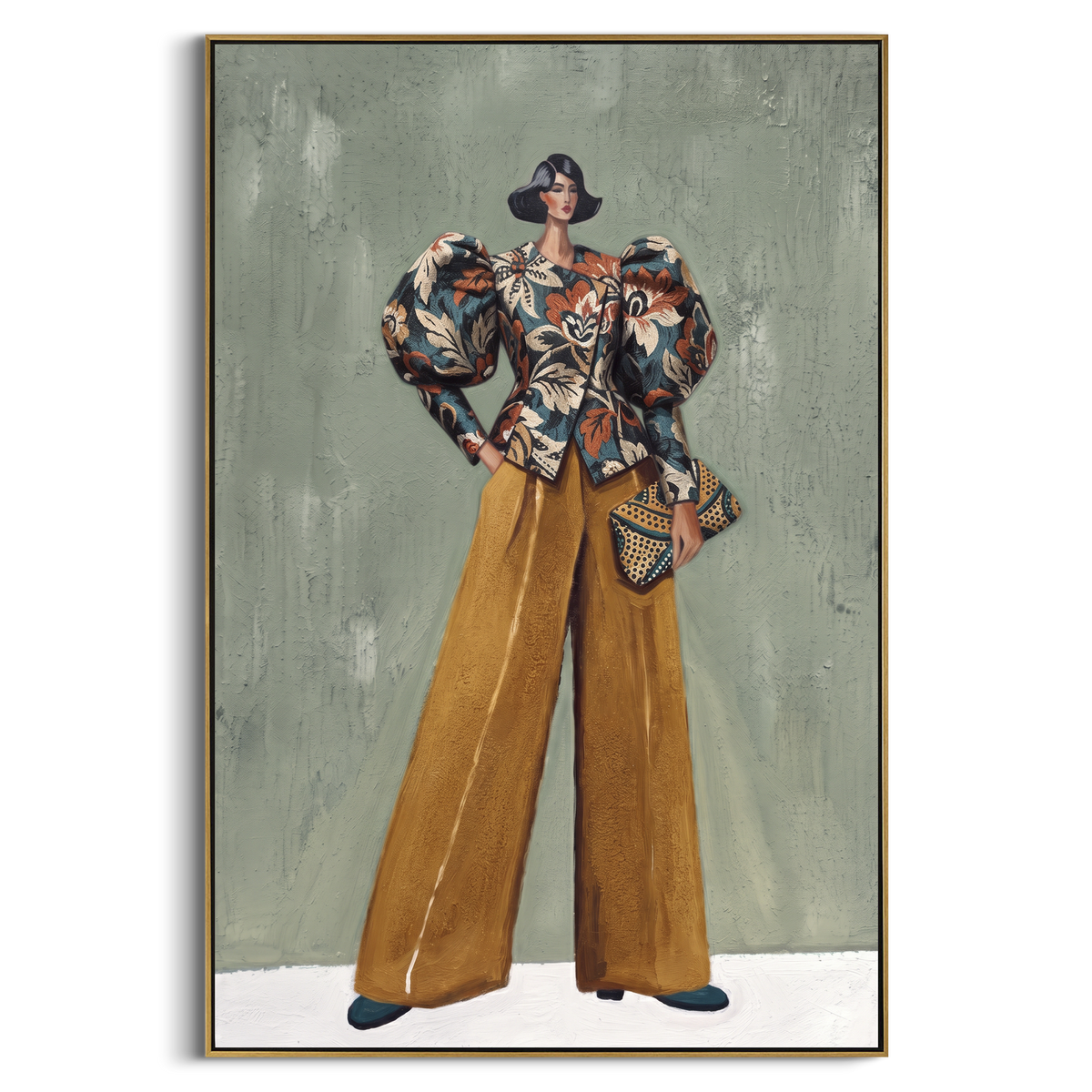 Reflective Warm Wide-Legged Fashion Figure focuses on a stylized fashion figure in dramatic trousers, blouse, or patterned coat. The composition keeps the principal subject clearly separated from the painted field, so the eye can follow the specific gesture, silhouette, garment, fur, petal, ridge, or river visible in this artwork. Its color relationships move between green, grey, and pink, with lighter passages opening the focal area and deeper strokes giving the forms weight. Palette-knife