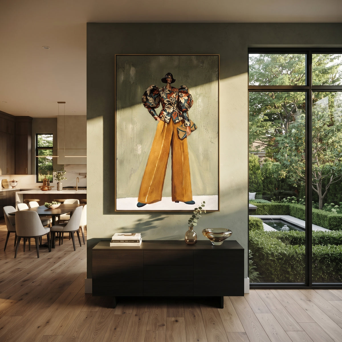 Reflective Warm Wide-Legged Fashion Figure focuses on a stylized fashion figure in dramatic trousers, blouse, or patterned coat. The composition keeps the principal subject clearly separated from the painted field, so the eye can follow the specific gesture, silhouette, garment, fur, petal, ridge, or river visible in this artwork. Its color relationships move between green, grey, and pink, with lighter passages opening the focal area and deeper strokes giving the forms weight. Palette-knife