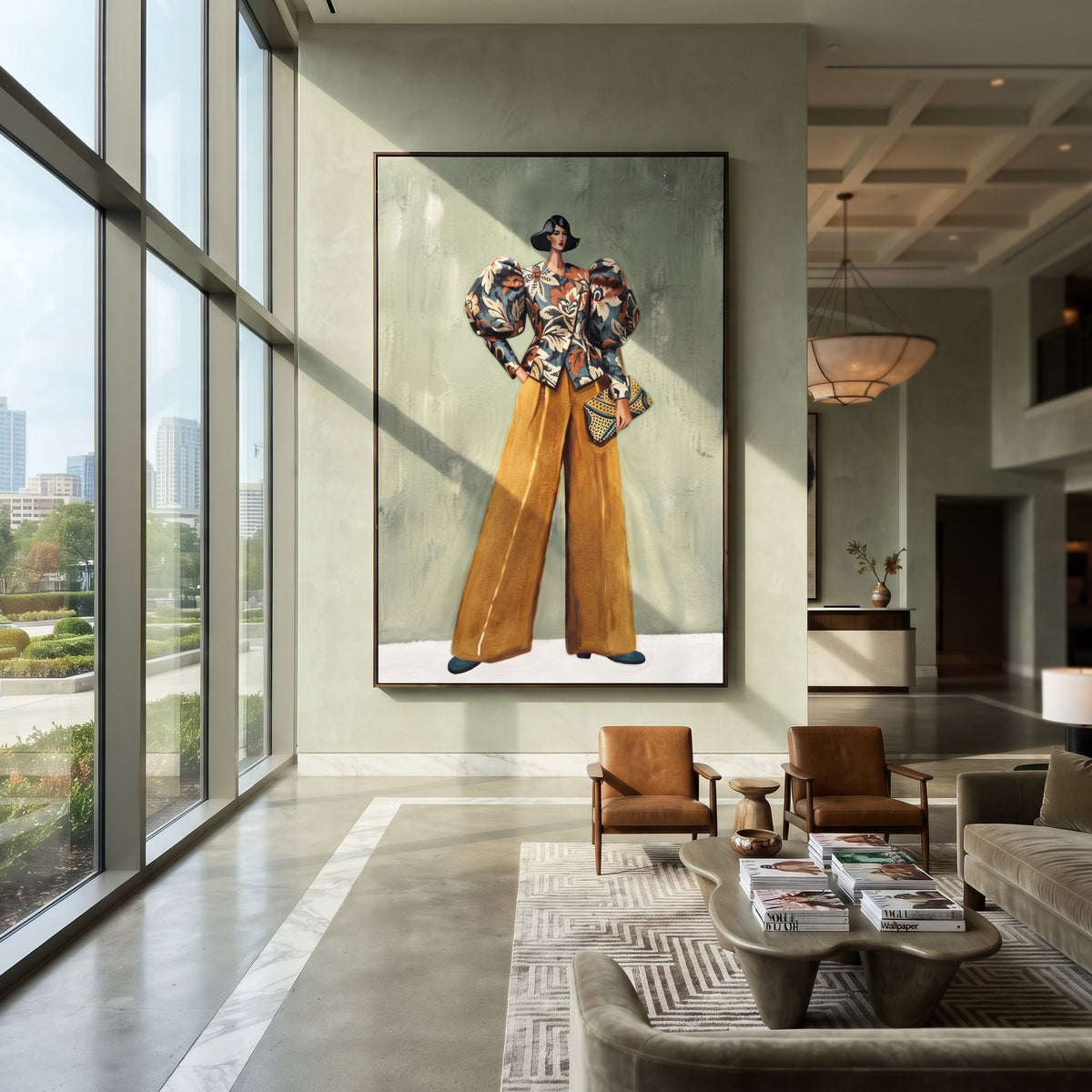 Reflective Warm Wide-Legged Fashion Figure focuses on a stylized fashion figure in dramatic trousers, blouse, or patterned coat. The composition keeps the principal subject clearly separated from the painted field, so the eye can follow the specific gesture, silhouette, garment, fur, petal, ridge, or river visible in this artwork. Its color relationships move between green, grey, and pink, with lighter passages opening the focal area and deeper strokes giving the forms weight. Palette-knife