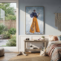 Storybook Warm Wide-Legged Fashion Figure focuses on a stylized fashion figure in dramatic trousers, blouse, or patterned coat. The composition keeps the principal subject clearly separated from the painted field, so the eye can follow the specific gesture, silhouette, garment, fur, petal, ridge, or river visible in this artwork. Its color relationships move between purple, green, and white, with lighter passages opening the focal area and deeper strokes giving the forms weight. Palette-knife