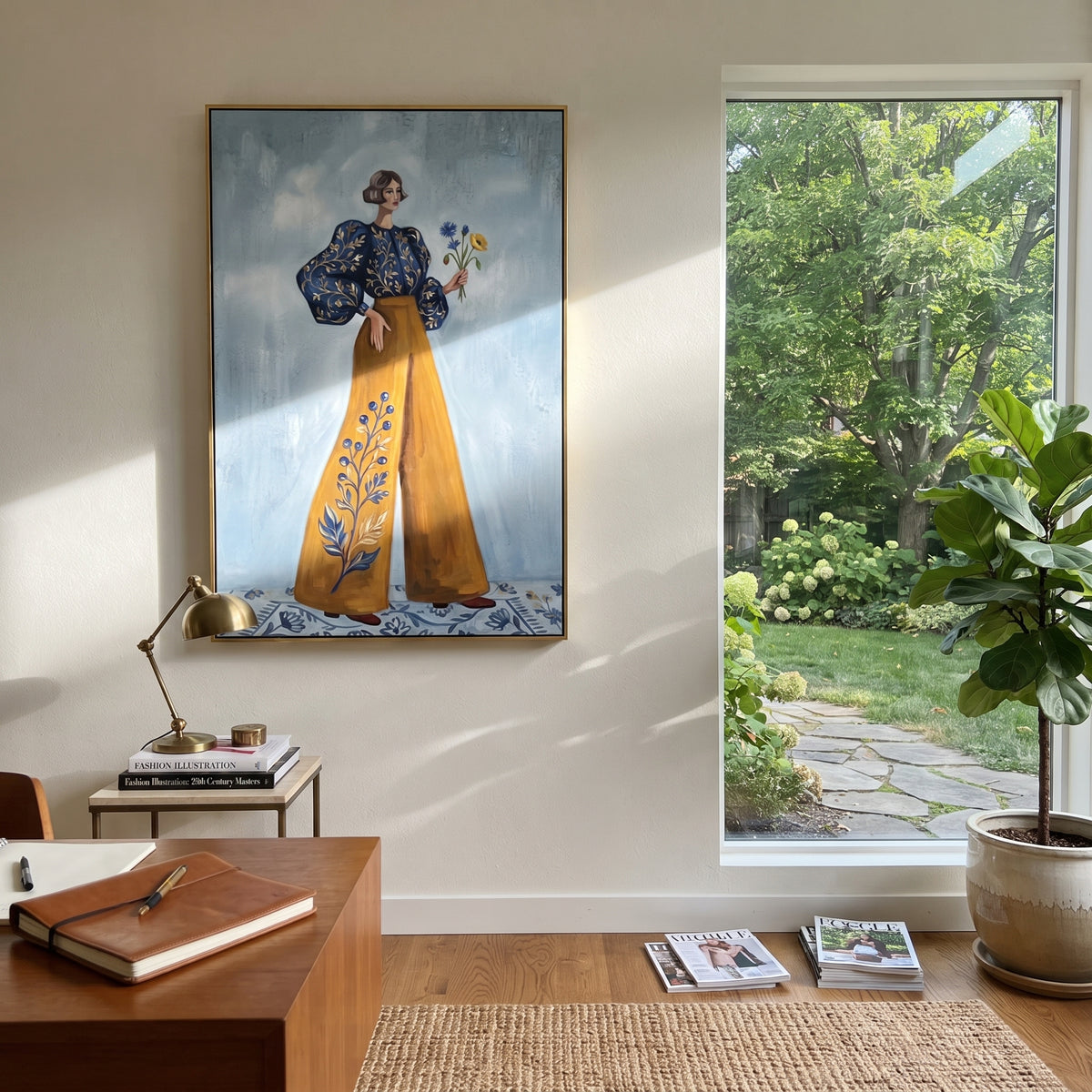 Storybook Warm Wide-Legged Fashion Figure focuses on a stylized fashion figure in dramatic trousers, blouse, or patterned coat. The composition keeps the principal subject clearly separated from the painted field, so the eye can follow the specific gesture, silhouette, garment, fur, petal, ridge, or river visible in this artwork. Its color relationships move between purple, green, and white, with lighter passages opening the focal area and deeper strokes giving the forms weight. Palette-knife