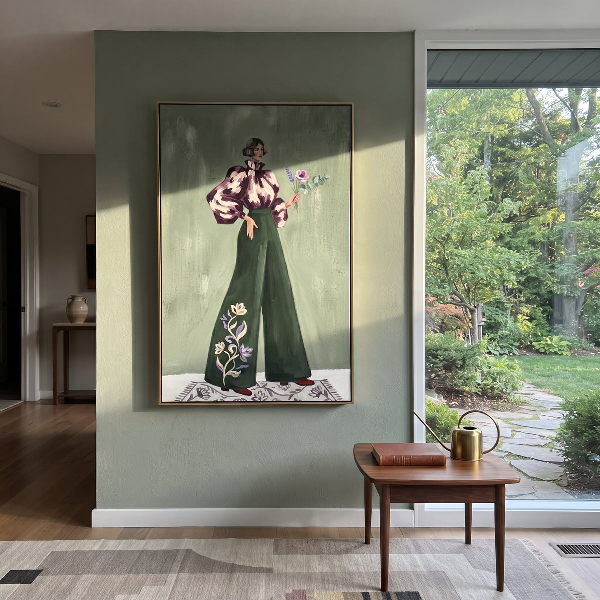 Quiet Still Wide-Legged Fashion Figure focuses on a stylized fashion figure in dramatic trousers, blouse, or patterned coat. The composition keeps the principal subject clearly separated from the painted field, so the eye can follow the specific gesture, silhouette, garment, fur, petal, ridge, or river visible in this artwork. Its color relationships move between blue, beige, and brown, with lighter passages opening the focal area and deeper strokes giving the forms weight. Palette-knife edges